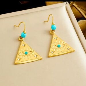 Mystic real 18k Gold plated stainless  Triangle Earrings with Turquoise Accents